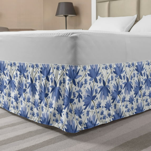 Floral Bed Skirt, Repeated Pattern Japanese Lotus Flowers Depiction in Vintage Style Art, Elastic Bedskirt Dust Ruffle Wrap Around for Bedding Decor, 4 Sizes, White and Ceil Blue, by Ambesonne