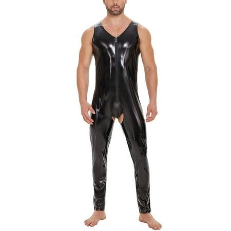 Mens Sexy Open Crotch Shiny Leather Jumpsuit Glossy PVC Leather Tank Leotard Zipper Crotchless Latex Bodysuit