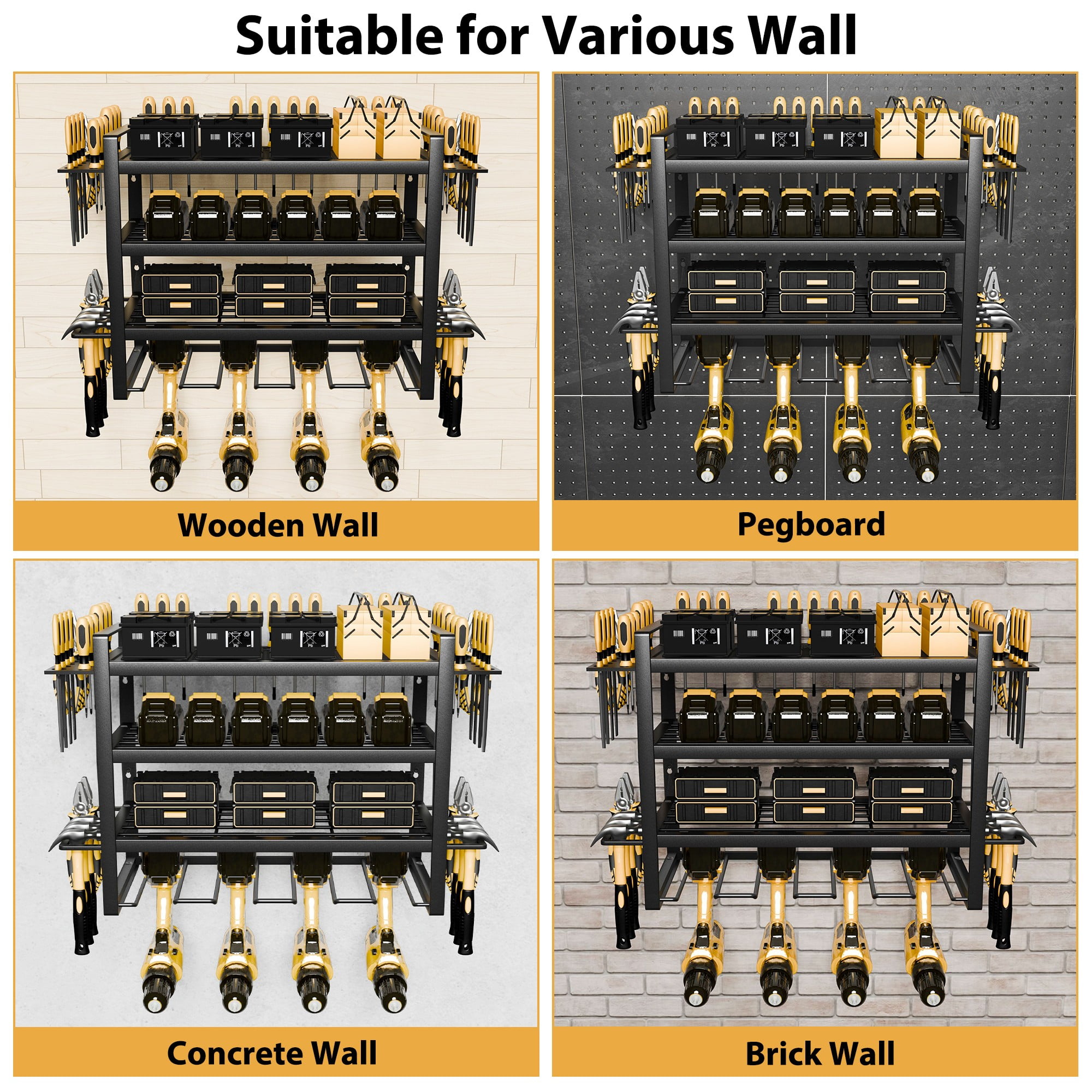 YHGJ Wall Mount Power Tool Organizer 4 Drill Holder, 4 Layer Heavy Duty Metal Power Tool Storage Rack Garage Tool Organizer Utility Tool Shelves with Screwdriver/Plier/Hammer Holder