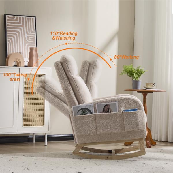 Modern Accent Rocking Chair Rocking Chair with Solid Wood Legs, Upholstered Nursery Glider Rocker, Comfy Armchair with Side Pocket, Living Room Lounge Arm Chair with High Backrest (Beige,teddy)