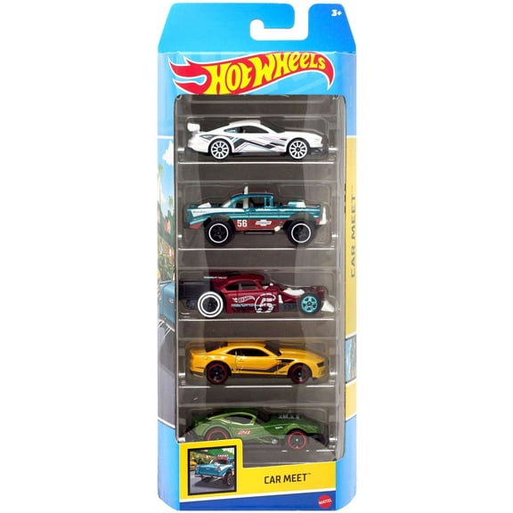 Hot Wheels Car Meet '13 Copo Camaro, Aristo Rat, Custom '18 Ford Mustang GT, Big-Air Bel-Air, Muscle & Brown Die Cast Car 5-Pack