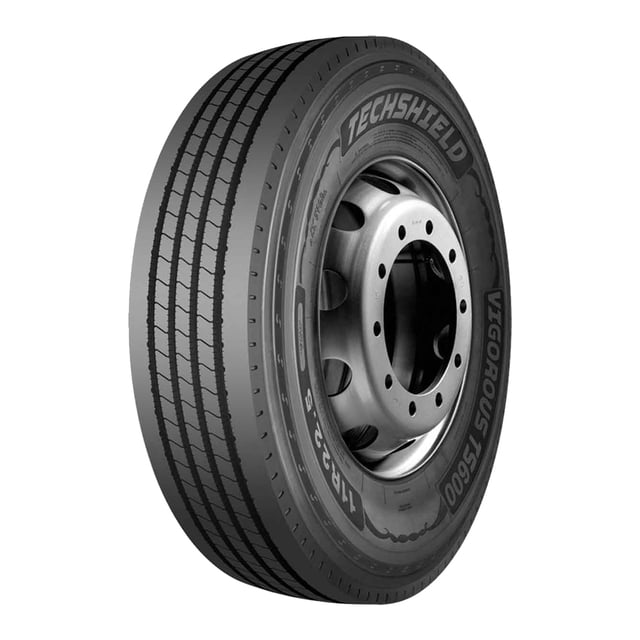 llantas 315/80 r22.5 techshield vigorous ts600 toda posicion 20c tl 157/154m neumático radial para camión 315/80 R22.5 con banda de rodamiento de cuatro canales y surcos de tracción, flancos marcados con TechShield y VIGOROUS TS600, montado en rin de acero en vista 3/4 frontal; suele usarse en aplicaciones de carga y transporte regional.