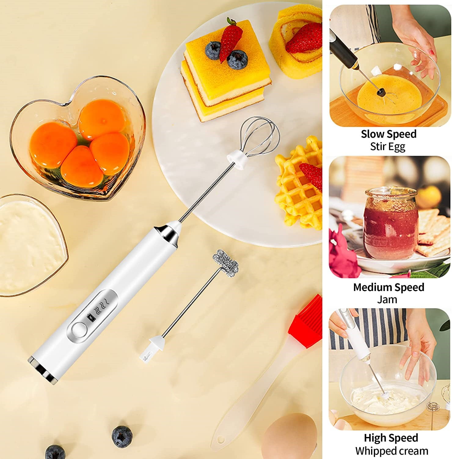 BN-LINK Handheld Milk Frother USB Rechargeable, with 2 Heads Coffee Whisk Foam Mixer, 3 Speeds Electric Mini Blender for Latte, Cappuccino, Hot Chocolate, Egg
