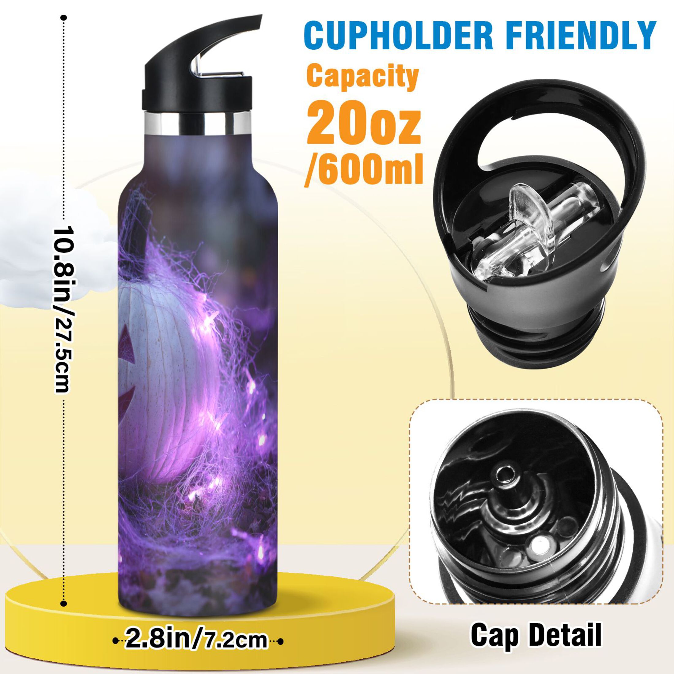 Kids Insulated Stainless Steel Sports Water Bottle 600ml (20oz) White Pumpkin