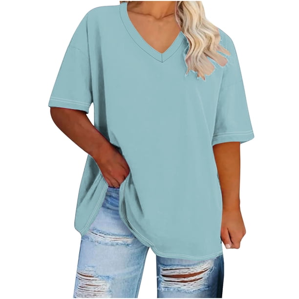 Hecho para Más Camisa Mujeres de Cuello en V de Gran Tamaño de Manga Corta Top Sólido, Base de Verano Deportivo Tee para el Uso Diario Y Casual Del Hogar, Bastidor de Imitación Ligero