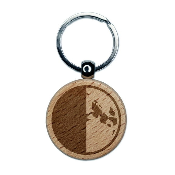 Quarter Moon Phase Round Keychain Charm Tag - Engraved Wood