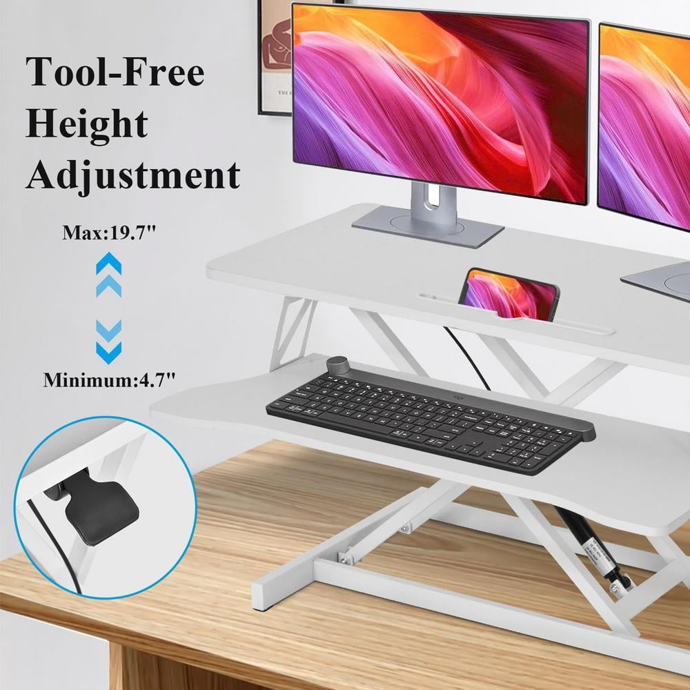 TOHU Standing Desk Converter, Height Adjustable Manual Pneumatic Spring Workstation with Keyboard Tray, for Home, School, White