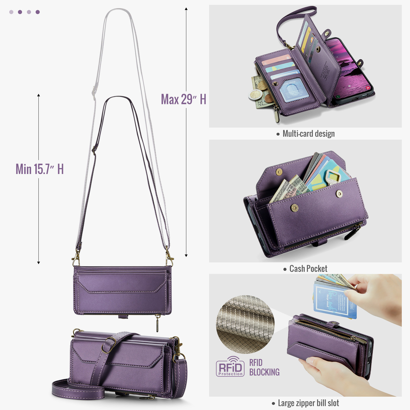 Compatible with Samsung Galaxy S25 Edge 5G Zipper Wallet Phone Case Tempered Glass Screen Protector Crossbody Lanyard Strap Flip Card Holder Slot Cell Cover for S25Edge 25S S 25 25Edge Women Purple