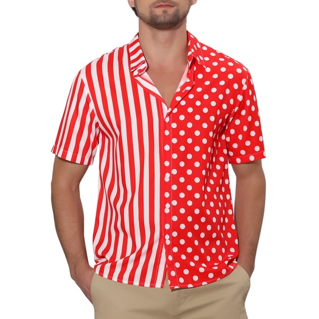 Camisa de hombre INSPIRE CHIC de verano a rayas con lunares, de manga corta, con botones y patchwork, roja y blanca