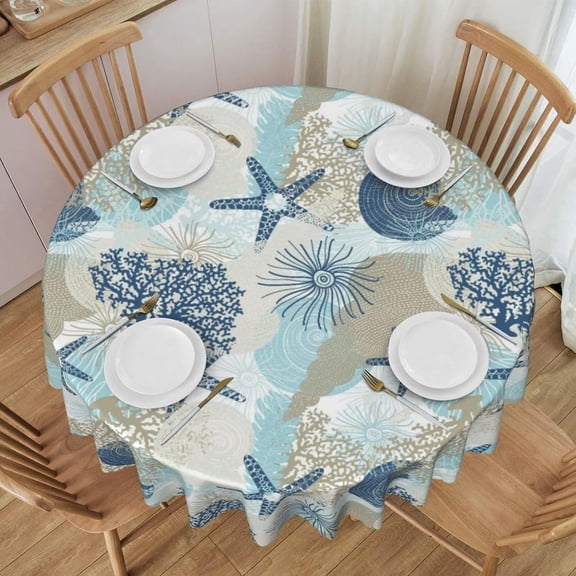 Round Tablecloth Aqua Blue Nautical Round Table Cloth Navy Blue Coastal Table Cover Blue Starfish Circle Dining Tablecover for Dining Kitchen and Picnic Camping, 60 Inch