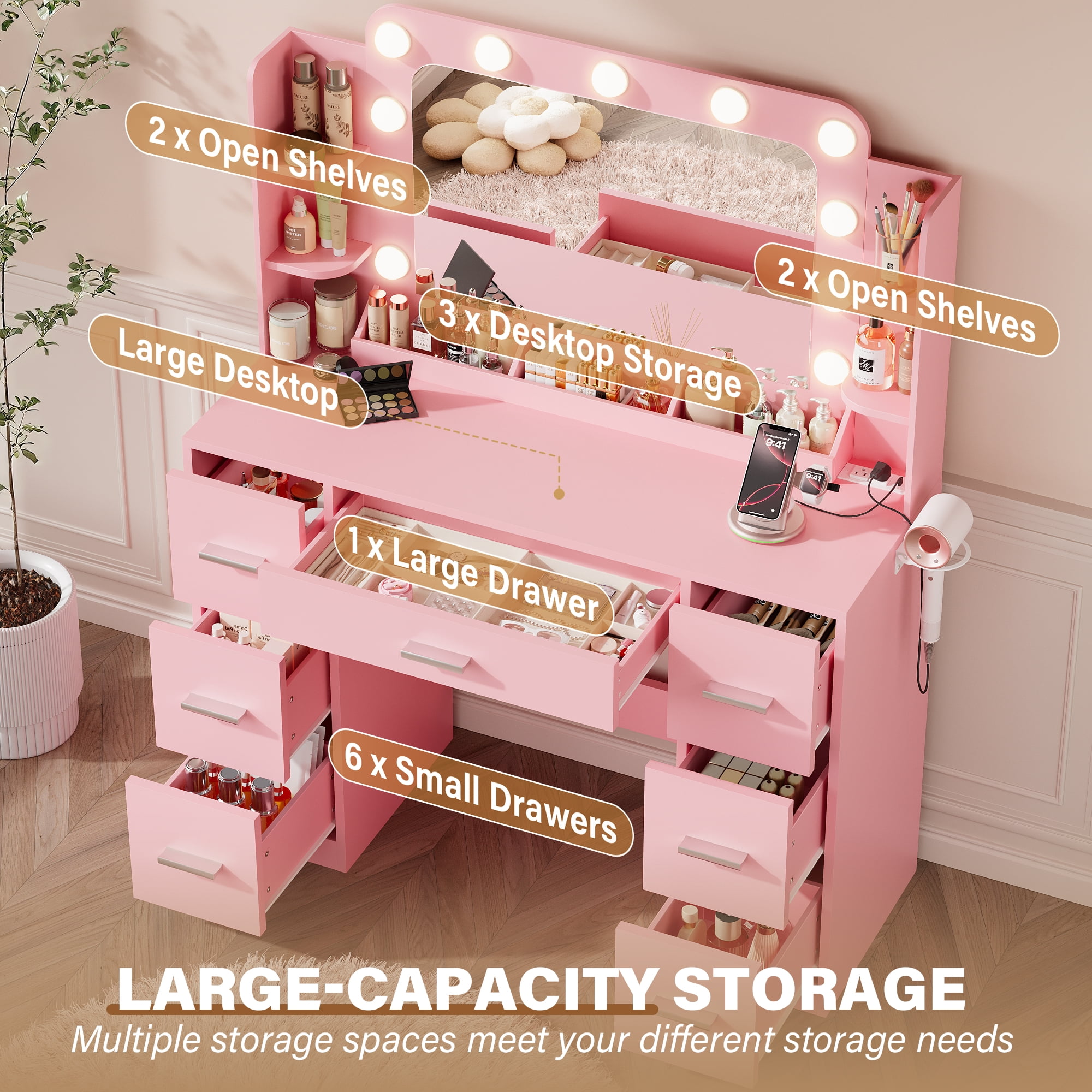 Lacoo Vanity Desk with Mirror & Lights, Makeup Vanity Set with 7 Drawers & Shelves, Vanity Table for Bedroom, Pink