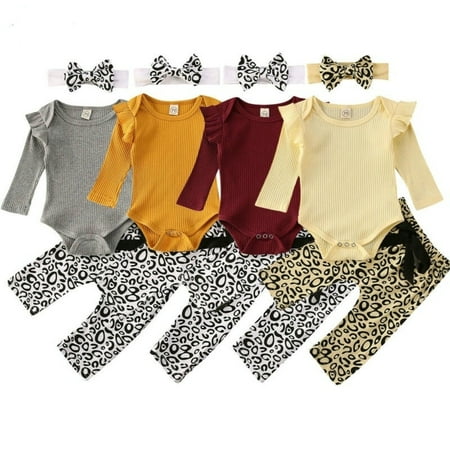 

Fashion 3Pcs Set Baby Girl Outfit Ruffled Long Sleeve Knitted Romper Bodysuit Leopard Pants with Bowknot Headband