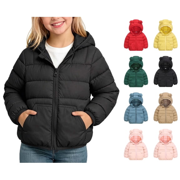 WAVSUF Kids Girls Puffer Jacket, Loose Fit Long Sleeve with Pockets Winter Warm Hooded Coat Black 7-8