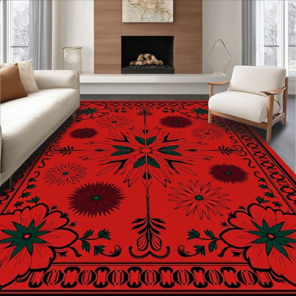 ODIKA 4'x6' Machine Washable Non-Slip Area Rug, Vintage Festive Botanical Accent Decorative High Traffic Rug, Red, 611058
