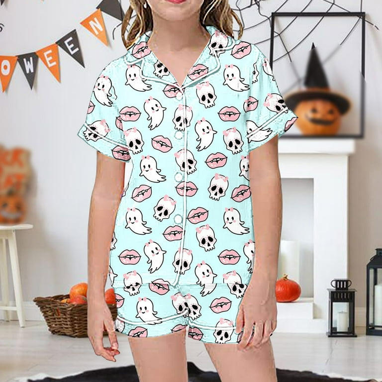 GEVPWj Girls Satin Pajamas Size 12 14 Red 2 Piece Sets Pajamas for Kids Children Graphic Print Short Sleeve Button Shirt Shorts Pajama Set Pajamas Girls 14 16 Footless Pajamas Baby Girl 6 9 Months Wal...