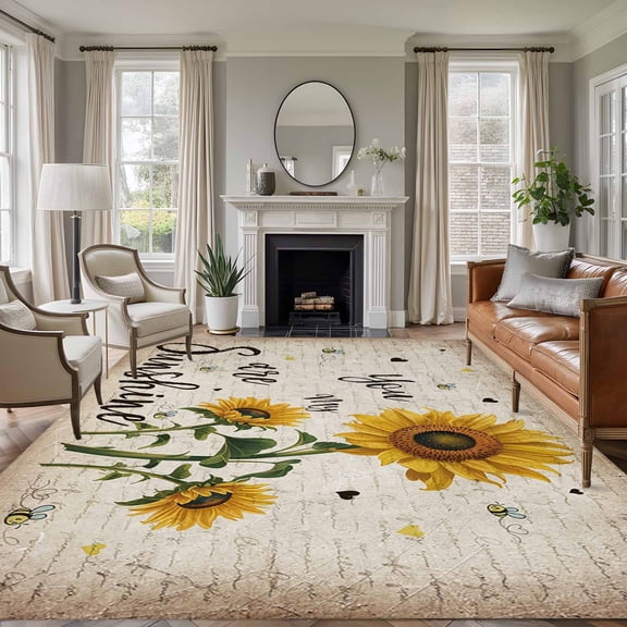 5x7 Area Rugs, Yellow Sunflower Non-Skid Rubber Backing Large Rectangle Rugs - Living Room Bedroom Home Office, Summer Vintage Flower Bee Sunshine Indoor Floor Mat Carpets Washable Rug