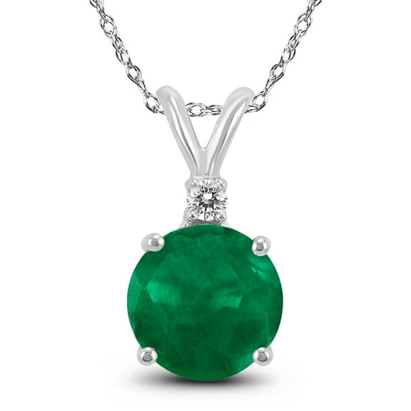 SZUL Women's 14K White Gold 5MM Round Emerald and Diamond Pendant