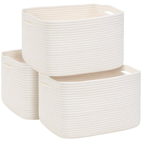 Natubeau 3 Pack Woven Storage Basket for Shelve, Cotton Rope Storage Bins for Toys Books, Nursery Towel Baskets, Shelf Baskets for Organizing, White
