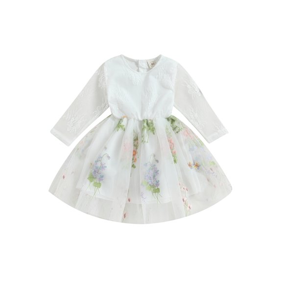 Bagilaanoe Toddler Baby Girl Fall Lace Dress Floral Embroidery Long Sleeve A-line Princess Dresses 6M 12M 2T 3T 4T 5T Kid Fall Patchwork Tulle Skirt