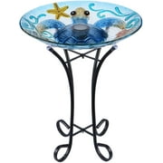 XBRW Glass Bird Bath, Bird Baths for Outdoors, Solar Bird Feeder with Metal Stand for Garden, Yard, Lawn Decor sea Turtle Pattern(Blue, 21.5"X18")