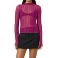 thumbnail image 3 of Women Sexy- See Through Long Sleeve T-Shirts Mesh Sheer Skinny Rib Scalloped Trim Tees Blouse Top Outfits Rose Red L, 3 of 9