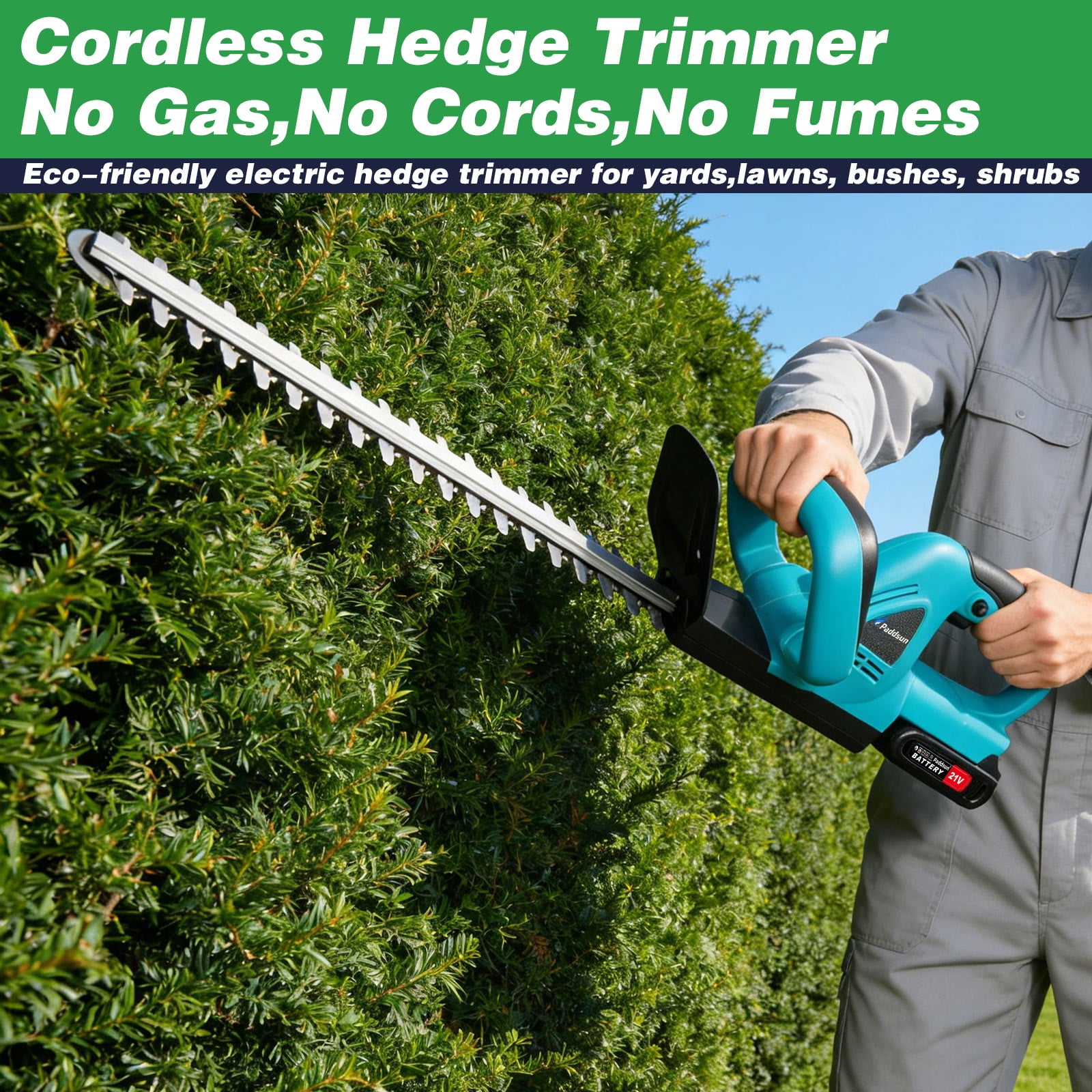 Paddsun Electric Hedge Trimmer, 20" Blade Cordless Hedge Trimmer Double-Sided 0.8" Cutting Width with 3.0Ah Battery