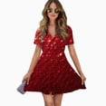 thumbnail image 2 of Red Paillette Sequin Pattern Women Dress V-Neck Short Sleeve Flowy Swing Party Midi Dress, 2 of 4