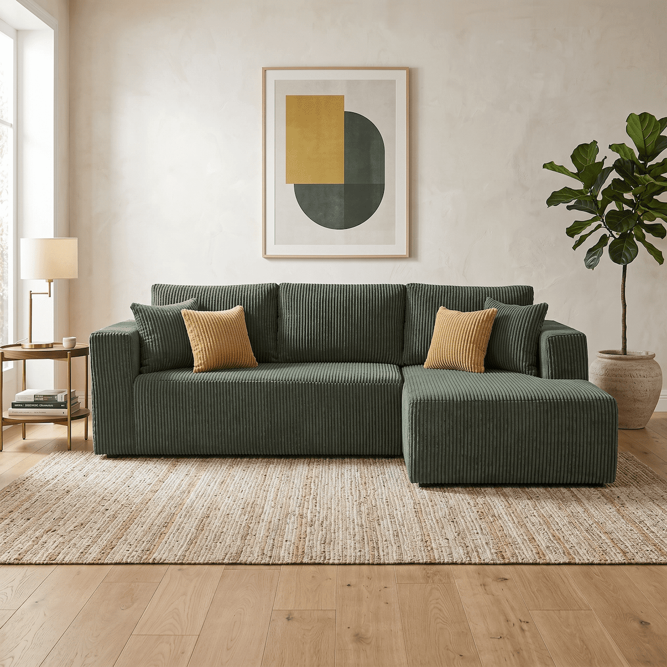 102" Modular Sectional Sofa, L-Shaped Cloud Couch with Right Facing Chaise, No Assembly Corduroy Sleeper Sofa, Plush Deep Seat Modular Couch with Toss Pillows for Living Room, Dark Green