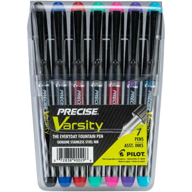 PILOT Pen 90029 Plumas estilográficas precargadas Precise Varsity Punta media Punta de acero inoxidable Negro/Azul/Rojo/Rosa/Verde/Púrpura/Turquesa Paquete de 7 bolsas