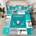 thumbnail image 2 of Manfei Tribal Sheep Skeleton Queen Sheet Sets, Teal Grey Patchwork Buffalo Flat Sheet, Rustic Farmhouse Queen Fitted Sheet, Microfiber Bedroom Decor, 4 Pieces, 2 of 7