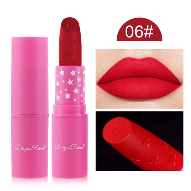 Labial mate aterciopelado, color rojo estrella rosa, no se desvanece fácilmente.