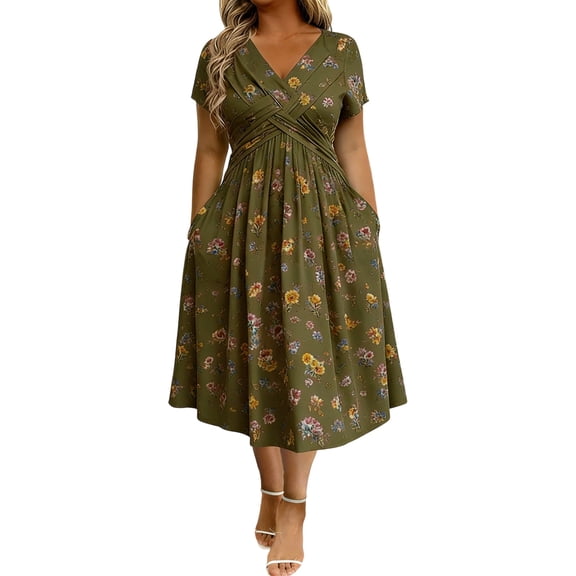 Iyufng Women's Summer Dresses Printed Mid-Waist Casual Beach Dress