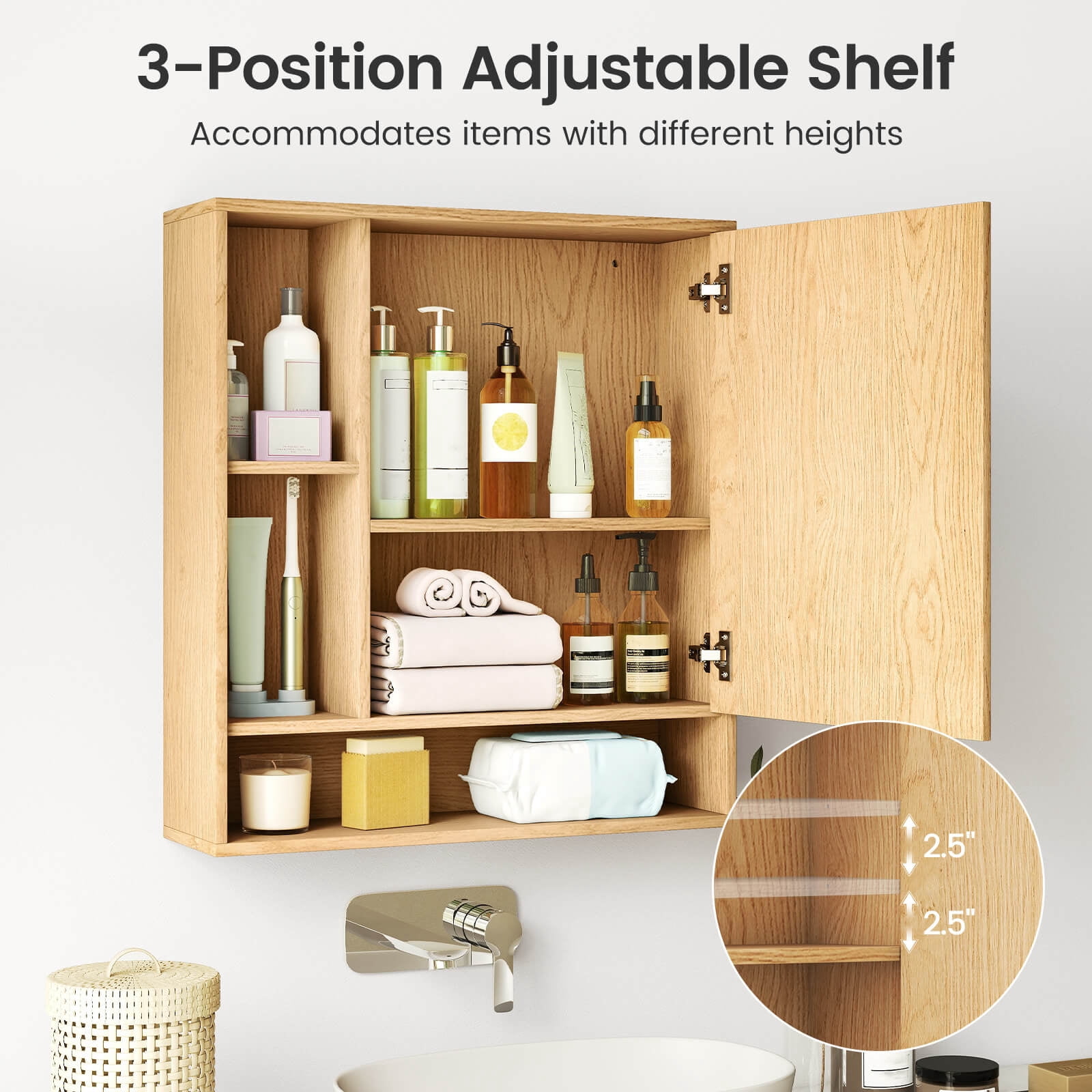Costway Bathroom Wall Cabinet with Mirror, Single Door, 3 Open Shelves & Adjustable Shelf Natural