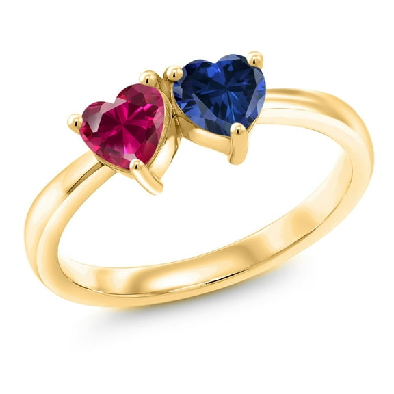 Gem Stone King 1.10 Ct Red Created Ruby Blue Created Sapphire 18K Yellow Gold Plated Silver Ring (Size 9)