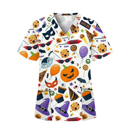 

CUE AIR Women Casual Tunic Shirts Halloween Cartoon Print Loose V Neck Scrub Tops Workwear Short Sleeve Pullover Top Shirts