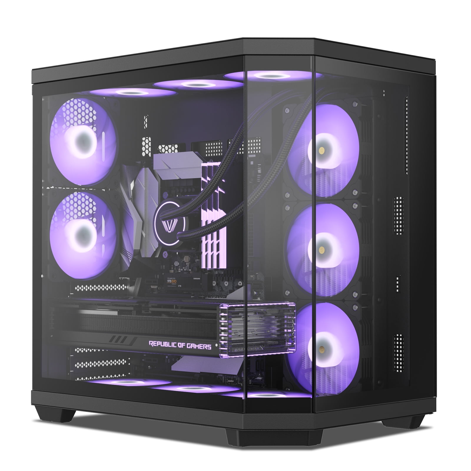 Vetroo CT3 ATX Mid-Tower Gaming Computer PC Case, Triple-Sided Tempered Glass Panoramic View, Supports 360mm Radiator & 11 Fans, Up to 410mm GPU, Type-C Ready, High-Airflow for 50 Series GPUs - Black