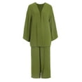 thumbnail image 4 of QUYUON Linen Sets Women 2 Piece Outfits Casual Long Sleeve Open Front Cardigan Wide Leg Pants Sets Solid Color Blouse Shirt and Long Pants Lounge Sets Matching Clothing Green XXL, 4 of 6