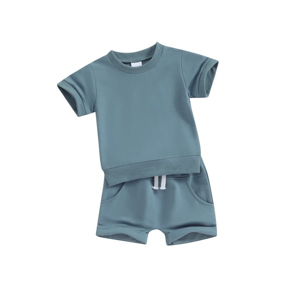 FEORJGP Toddler Baby Summer Clothes Infant Short Sleeve T-Shirt Solid Color Jumpers Round Neck Tops with Drawstring Shorts Little Boys Girls Loose Casual 2Pcs Outfit