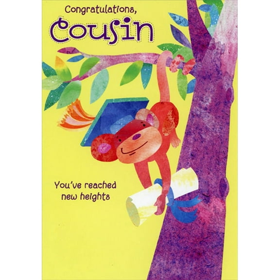 Designer Greetings Monkey Hanging From Purple Tree Juvenlie / Kids Graduation Congratulations Card for Young Cousin