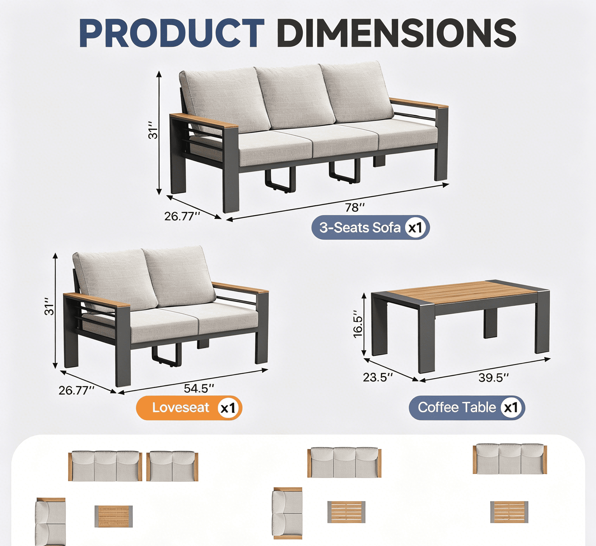 BaPiPro 4-Piece Gray Exposed Tube Outdoor Sofa Set with Off-White 11FT Cantilever Umbrella, LED Lights, 360° Rotation, Weighted Base for Patio & Pool