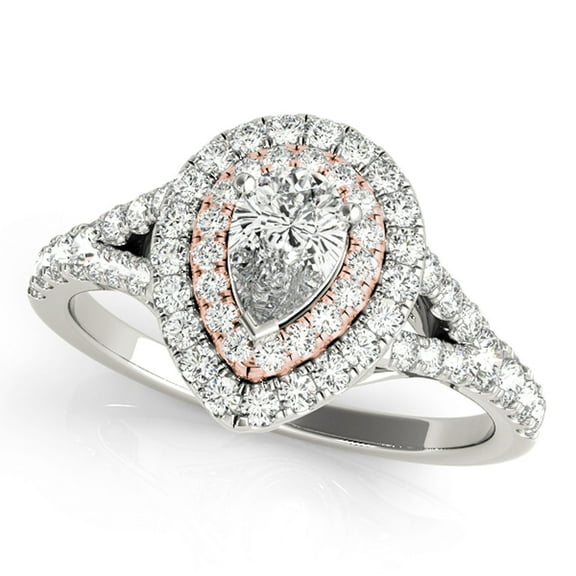 JewelMore Halo Pear-Shape Diamond Double Engagement Ring 3/4ct.tw H-I/I1-I2 14K