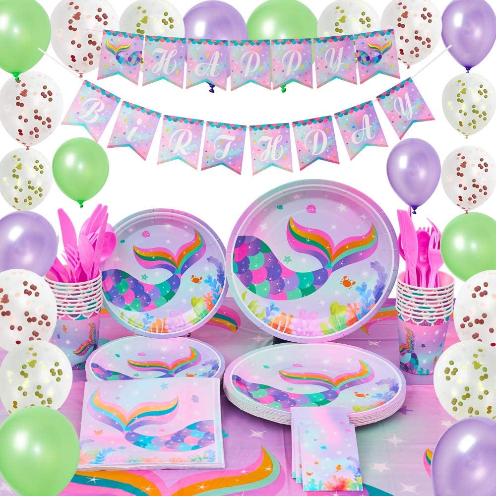 Mermaid Girl Design Birthday Party Plates Cups Bunting Banner Card Hat Loot Bags