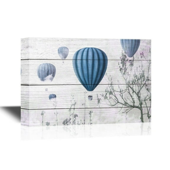 wall26 - Canvas Wall Art - Blue Hot Air Balloons on Wooden Background - Gallery Wrap Modern Home Art | Ready to Hang - 16x24 inches