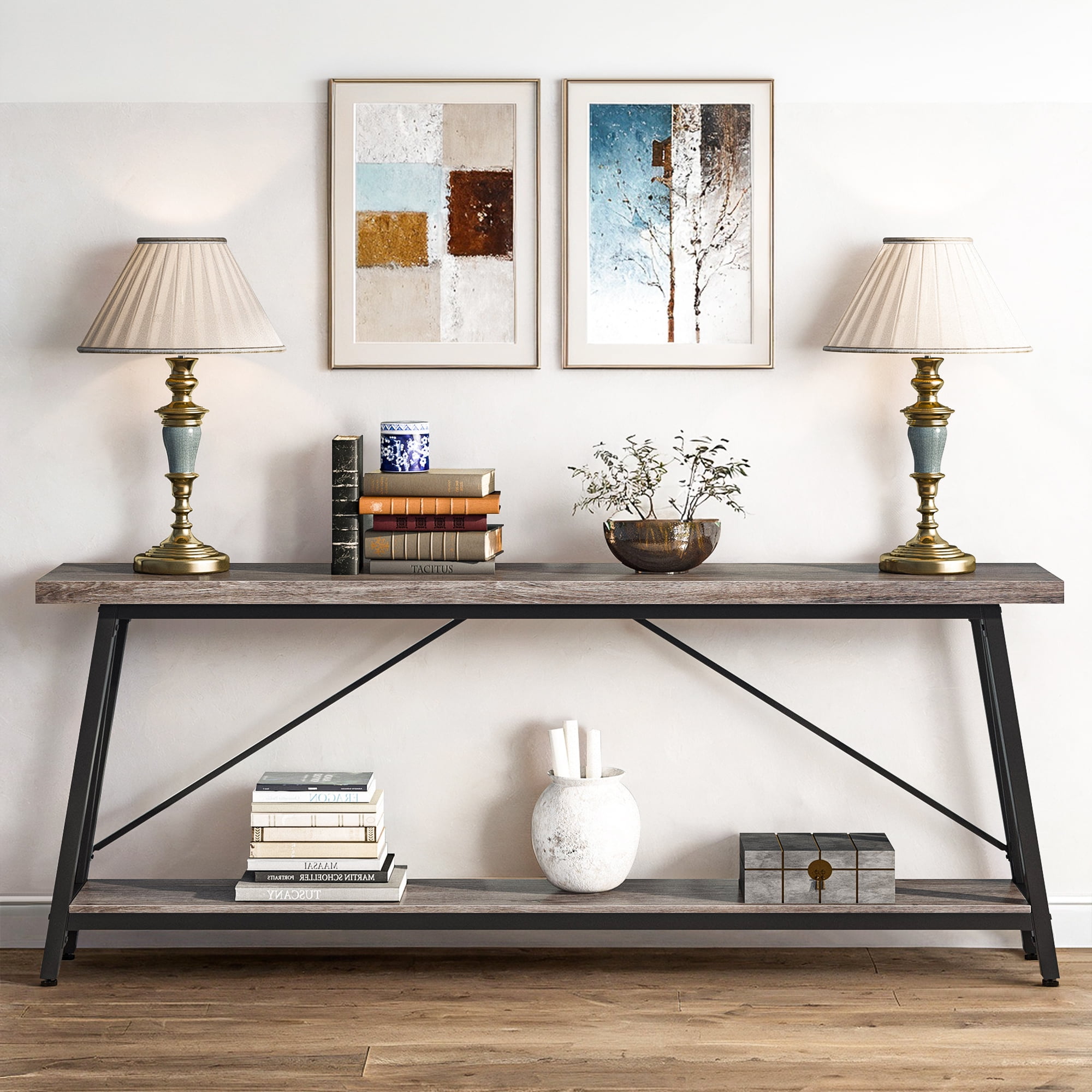 Demi Bonn 70.9" Console Table, Rustic Vintage Narrow Sofa Table for Entryway, Living Room, Hallway, Gray & Black