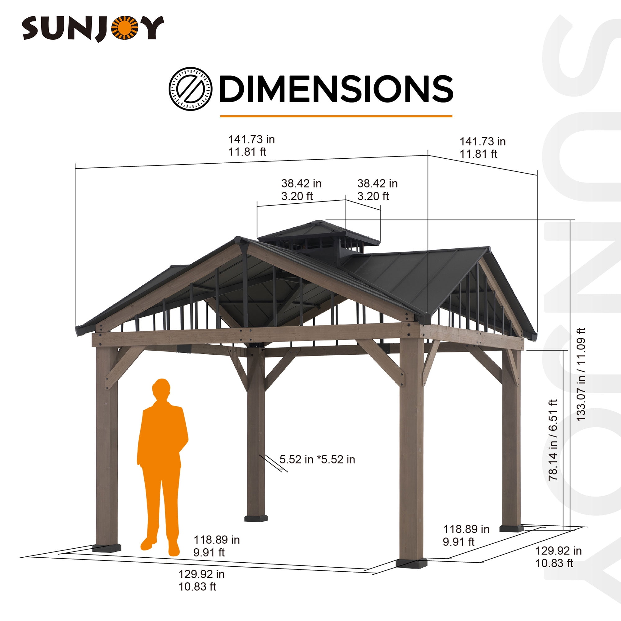 Sunjoy 12’ x 12’ Black 2-Tier Wooden Frame Outdoor Hardtop Gazebo With Ceiling Hook for Patio, Backyard, and Garden