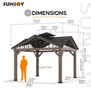 Sunjoy 12’ x 12’ Black 2-Tier Wooden Frame Outdoor Hardtop Gazebo With Ceiling Hook for Patio, Backyard, and Garden