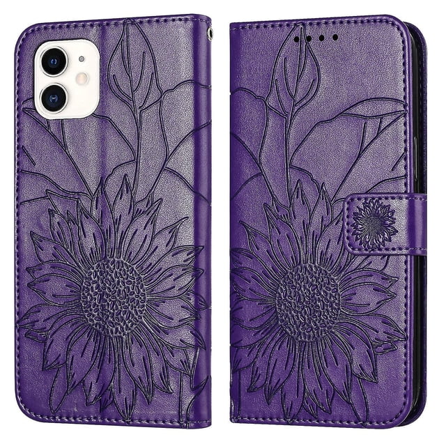 Funda tipo cartera con girasoles grabados para iPhone 11, multifuncional, elegante y con protección total.