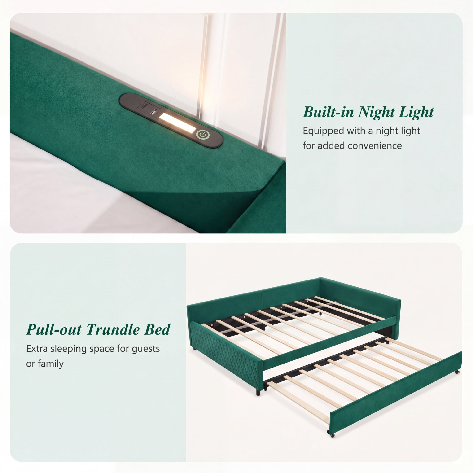 Leumius Upholstered Daybed with Trundle,Sturdy Wooden Bed Frame, Modern Diamond Grid Design for Bedroom Guest Room (Emerald)