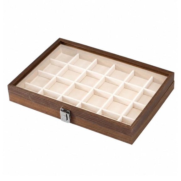Grid Walnut Wood Jewelry Organizer Box Compact Dresser Storage Tray for Rings Earrings Necklaces Elegant Nightstand Vanity Display Case for Women Girls