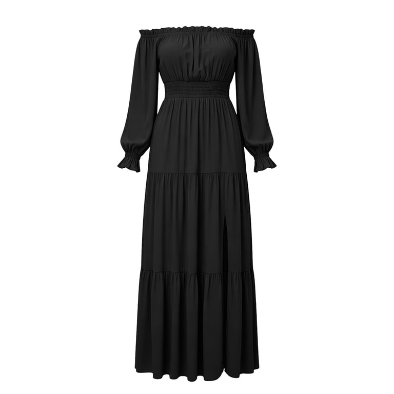 long sleeve vacation dresses Ohufall Maxi Dress for Women Off-shoulder Long Sleeve Dresses Pleated Split Vacation Fashion Long Dress, Women's, Size: Small, Black